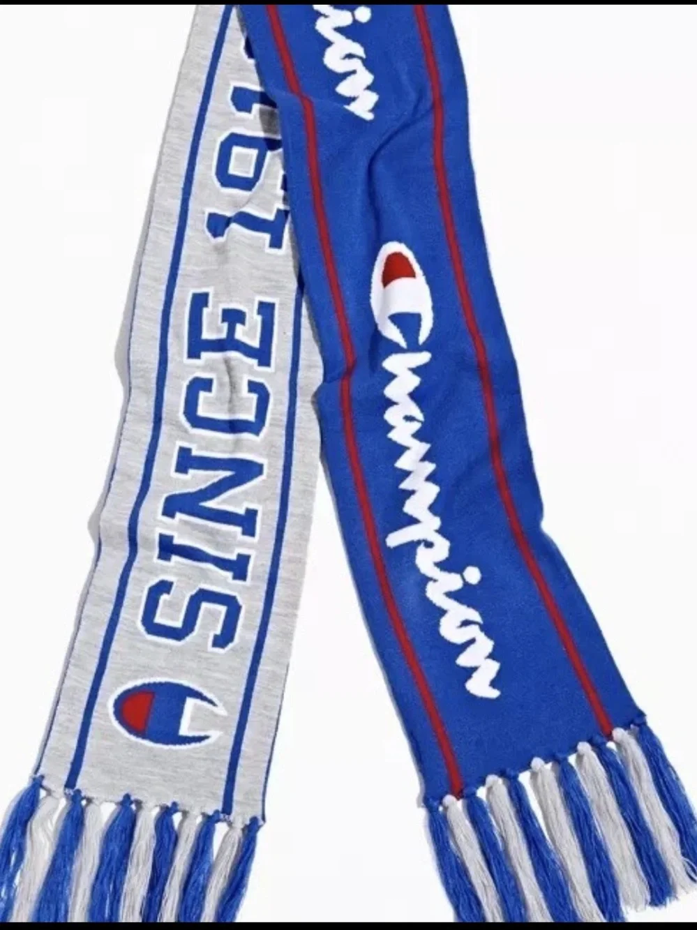 Champion Since 1919 Reversible Knit Scarf Blue Gray Logo Winter Fringe 64”